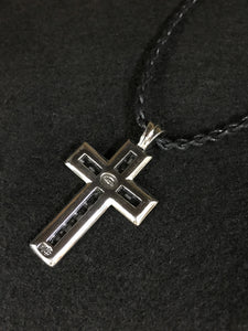 behind-the-tech-cross-pendant. meaning : a meld of past and the future.  Carbon and silver material．