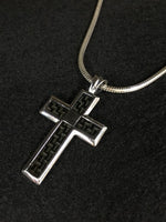 画像をギャラリービューアに読み込む, tech-cross-pendant-and-silver-necklace. meaning : a meld of past and the future.  Carbon and silver material．
